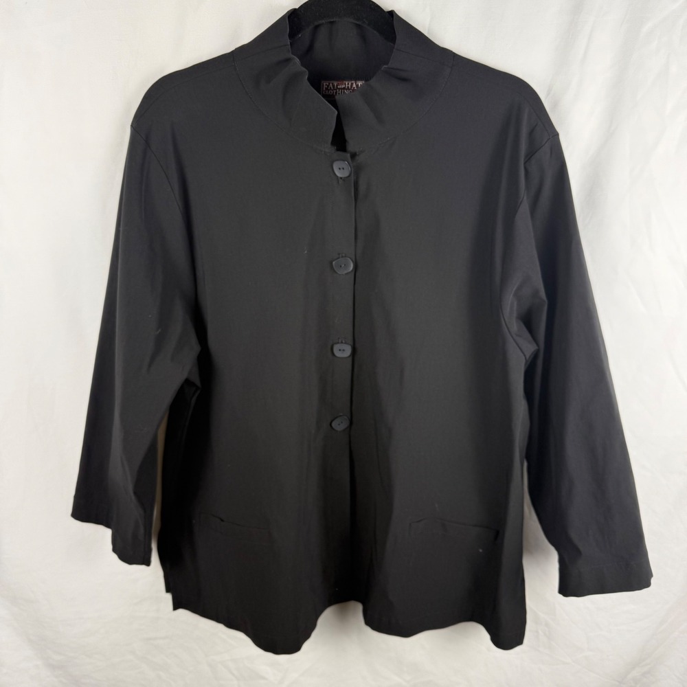 Fat Hat Clothing Women's Black Button Down Lagenlook Shirt Shacket Minimal Layer